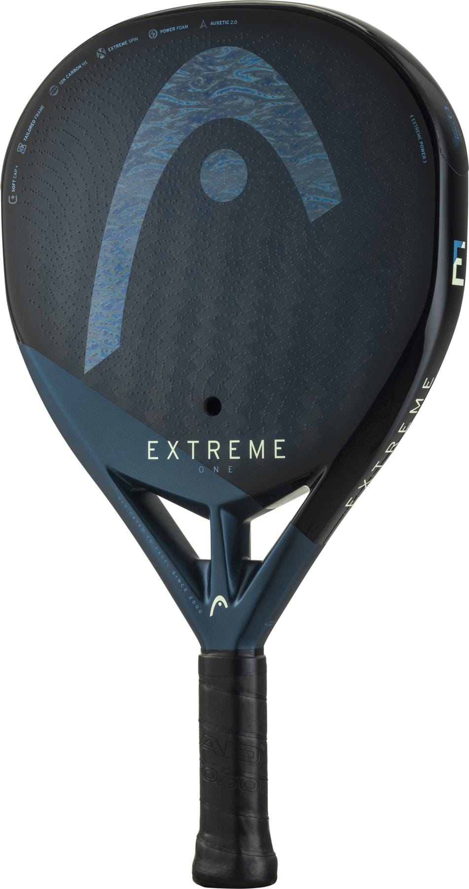 The HEAD Extreme One 2025 Padel Racket by HEAD is black and dark blue with "EXTREME ONE" on the face, a textured 12K Carbon Fibre surface for extreme spin, and a single large hole near the handle.