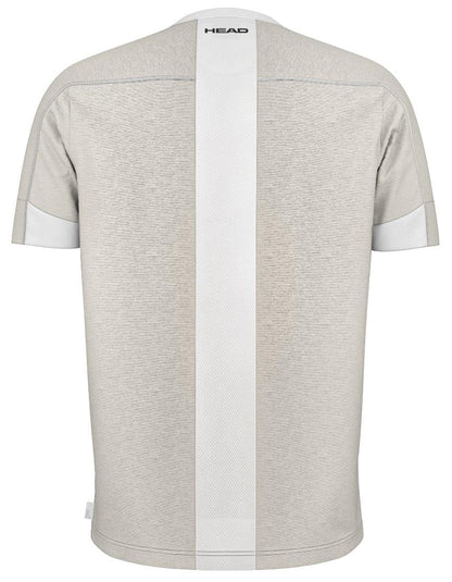 The HEAD Play Tech Mens Padel T-Shirt in white and grey features a back view with short sleeves, a white vertical center stripe, and breathable mesh inserts. The brand "HEAD" is printed near the top neckline.