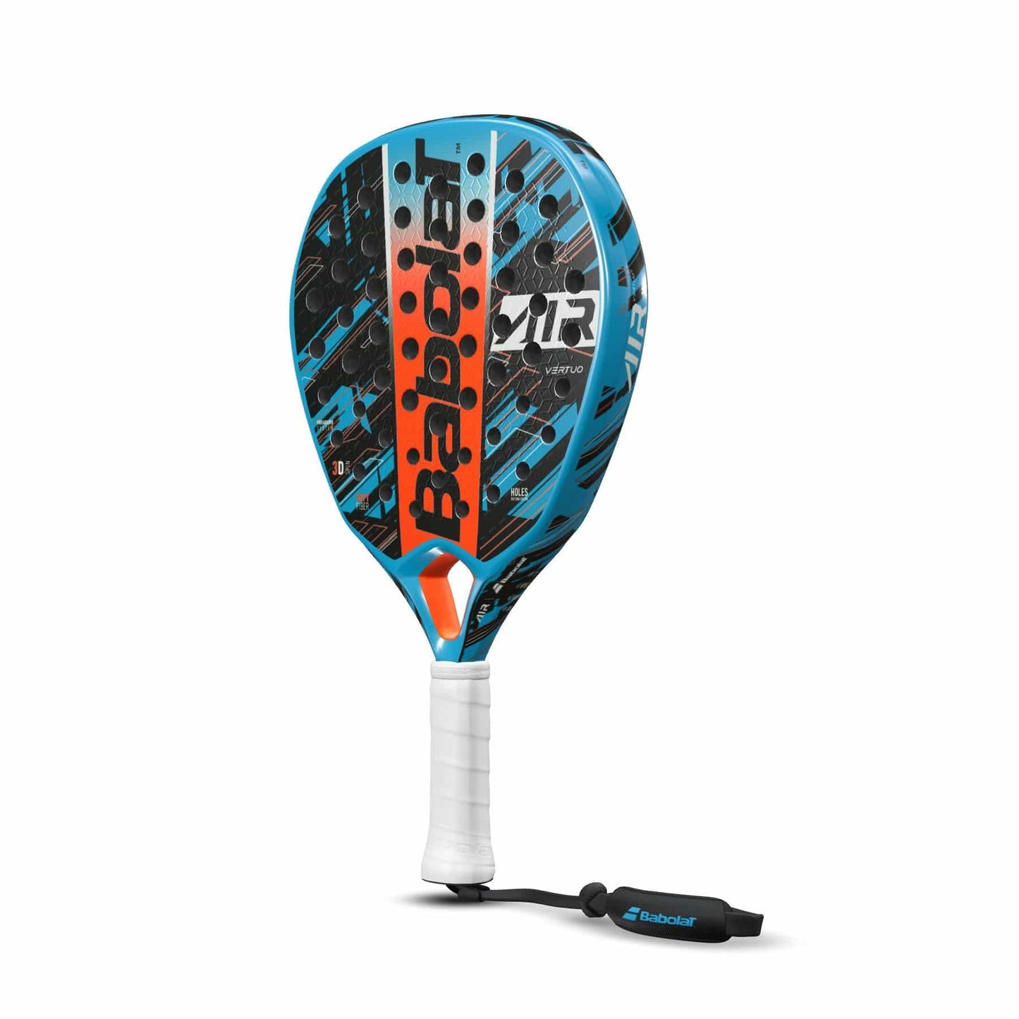 The Babolat Air Vertuo Padel Racket by Babolat features a black and blue design with orange accents, a white grip, wrist strap, and displays the Babolat logo along with the model name "Viper.