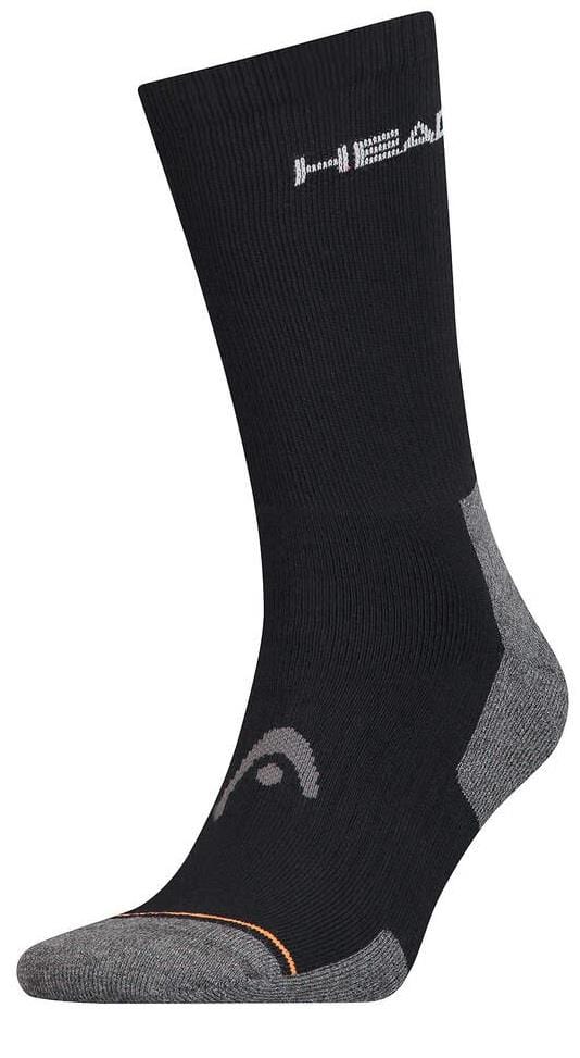 The HEAD Crew Athletes Padel Socks in black feature gray accents on the heel and toe, arch support for comfort, and prominently display the HEAD logo near the top and side.