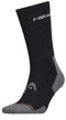 The HEAD Crew Athletes Padel Socks in black feature gray accents on the heel and toe, arch support for comfort, and prominently display the HEAD logo near the top and side.
