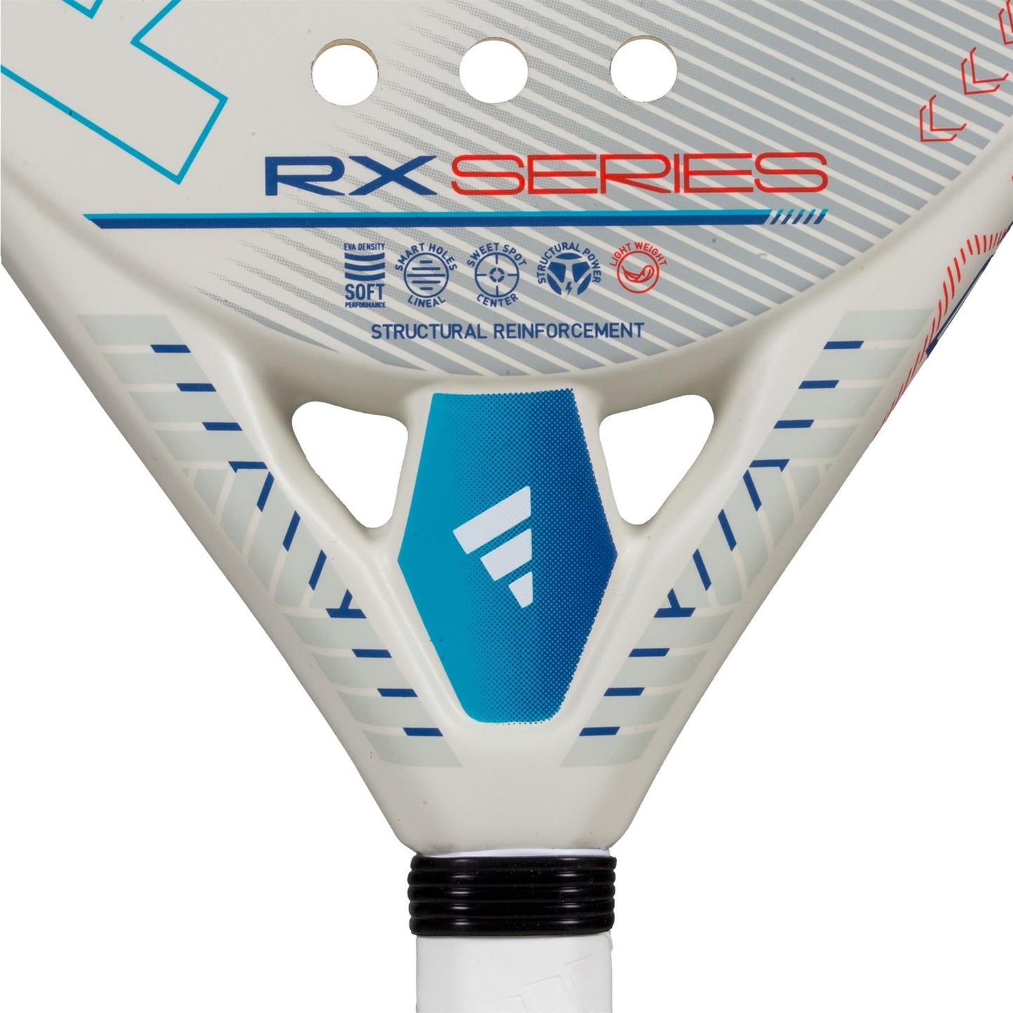 Close-up of the adidas ADIDAS RX Series Light 3.4 Padel Racket in white, featuring blue and red accents, structural reinforcements, a lightweight design, and a blue adidas logo above the handle.
