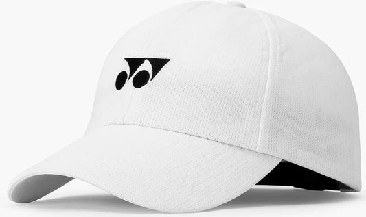 The Yonex 40125EX Padel Cap in white features a lightweight, textured fabric, curved brim, small black geometric logo on the front left, and an adjustable back strap for comfort.