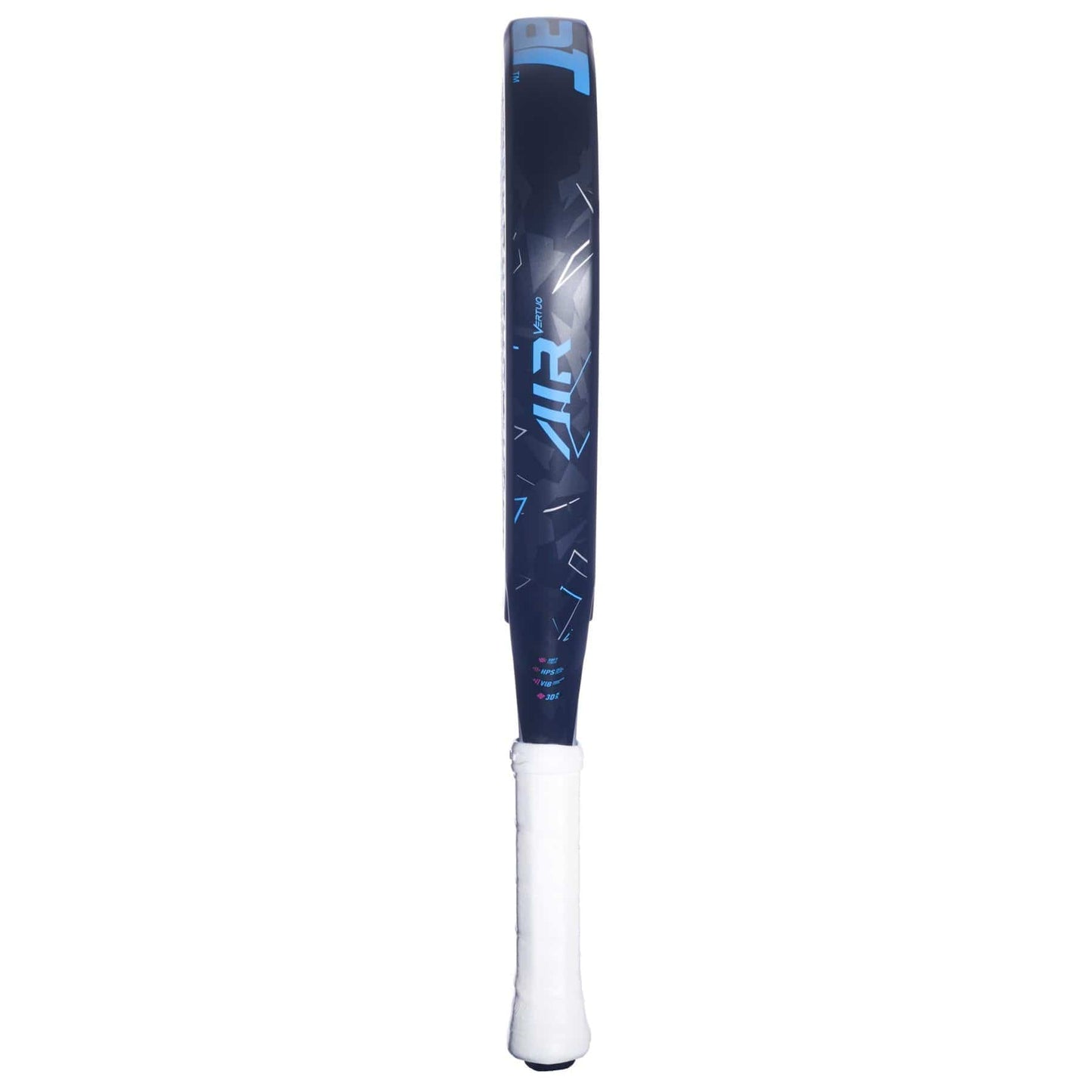 The Babolat Air Vertuo 2.5 Padel Racket features a black design with a white grip and blue "AIR" branding on the blade, echoing the signature Babolat look, displayed upright with the handle positioned at the bottom.