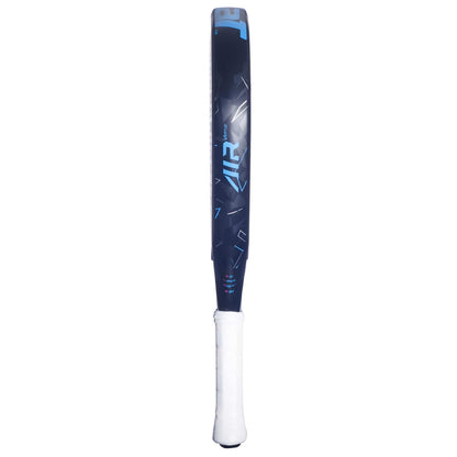 The Babolat Air Vertuo 2.5 Padel Racket features a black design with a white grip and blue "AIR" branding on the blade, echoing the signature Babolat look, displayed upright with the handle positioned at the bottom.