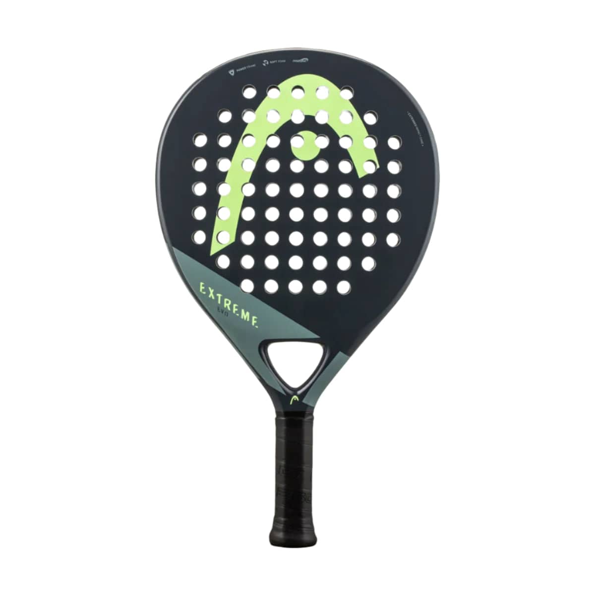 The HEAD Evo Extreme 2023 Padel Racket by HEAD features Innegra technology, a black frame with circular holes, a vibrant green and yellow curved design, “EXTREME” on the side, and a black handle with grip tape.