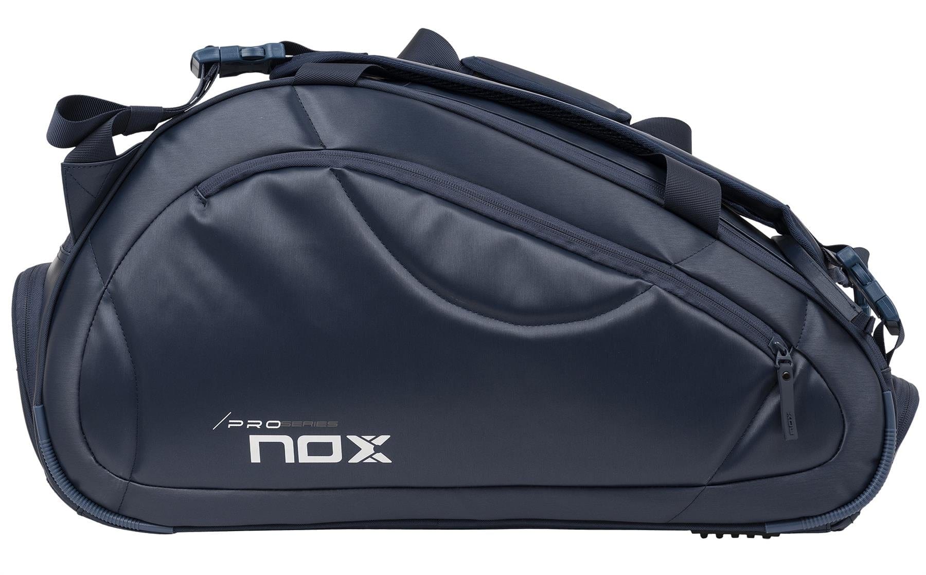 The NOX Pro Series Padel Racket Bag - Blue by NOX features a curved shape, multiple compartments, zippers, shoulder straps, and ThermoTech technology, shown against a white background.