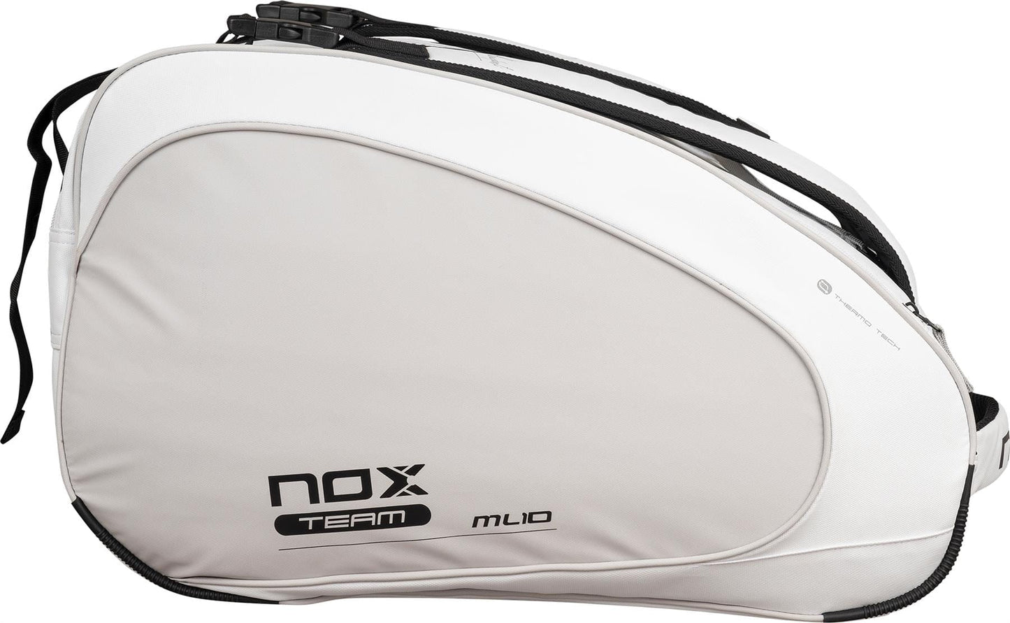 The NOX ML10 Team Padel Racket Bag in white and grey features black zippers and straps, designed for carrying rackets or sports gear. Shown from the side, it’s a stylish choice from NOX for athletes on the go.