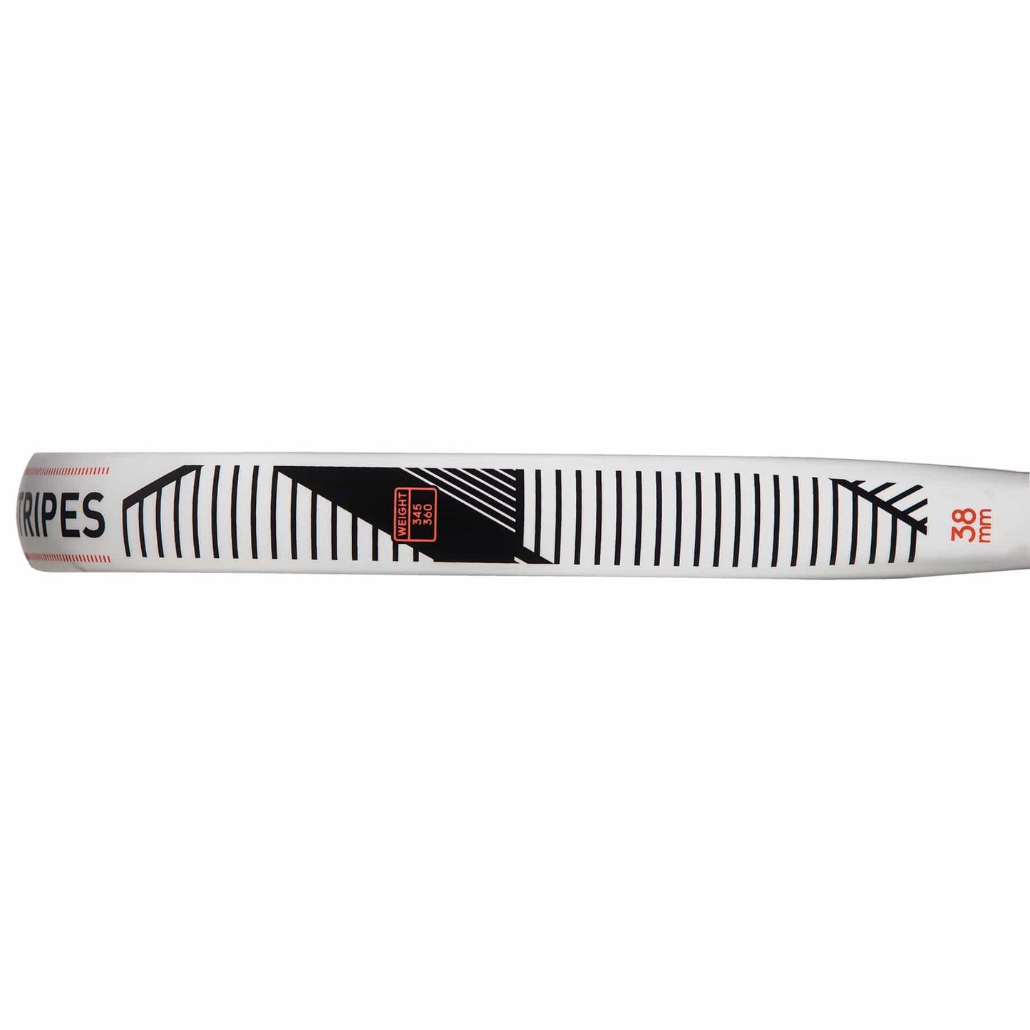 A close-up of the adidas Match Light 3.3 Padel Racket shows a white surface with black geometric lines, "STRIPES" in red on the left, and "38 mm" marked on the right—an ideal lightweight padel racket for beginners.