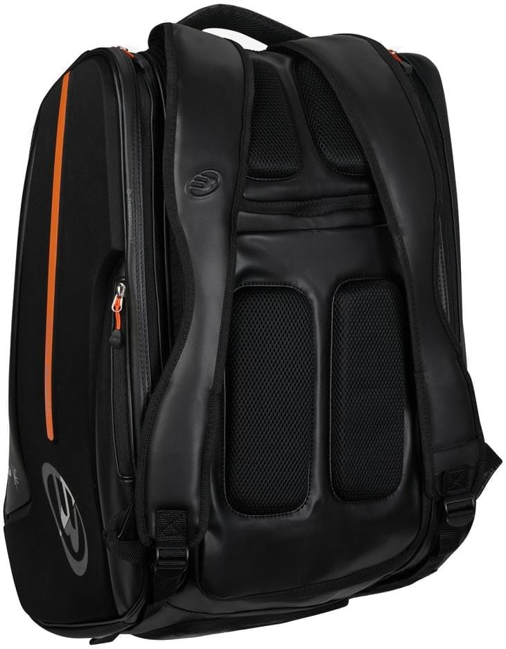 The Bullpadel BPP26012 Hack 2026 Padel Racket Bag in black features orange accents, padded shoulder straps, mesh back padding for ventilation, multiple zippered compartments, and thermal racket sections to keep your gear protected.