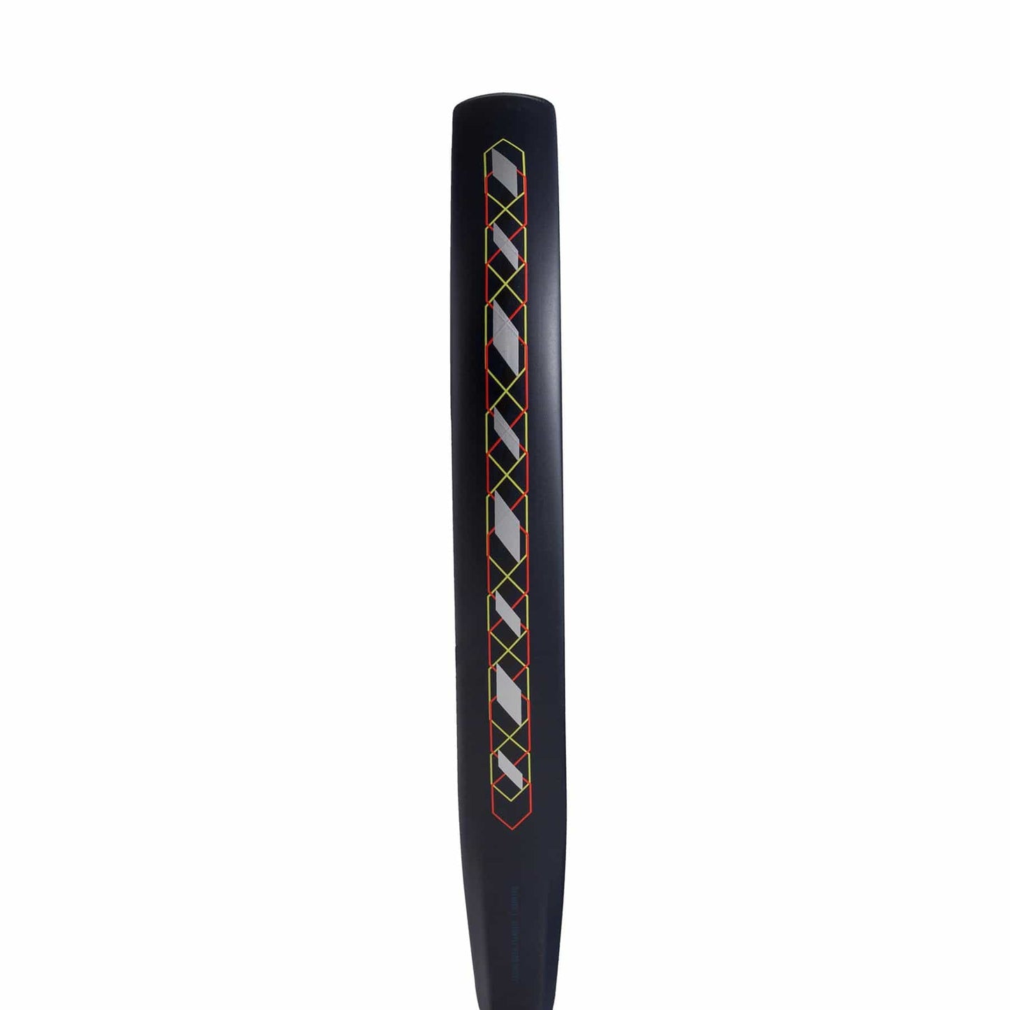 A close-up view of the black handle of the adidas ADIDAS Match Blue 3.4 Padel Racket, showing a colorful diamond pattern with red, yellow, and white lines, set against a plain white background.