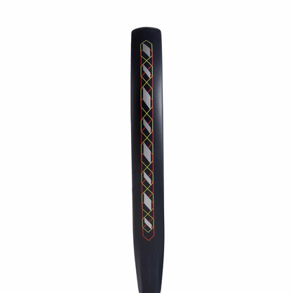 A close-up view of the black handle of the adidas ADIDAS Match Blue 3.4 Padel Racket, showing a colorful diamond pattern with red, yellow, and white lines, set against a plain white background.