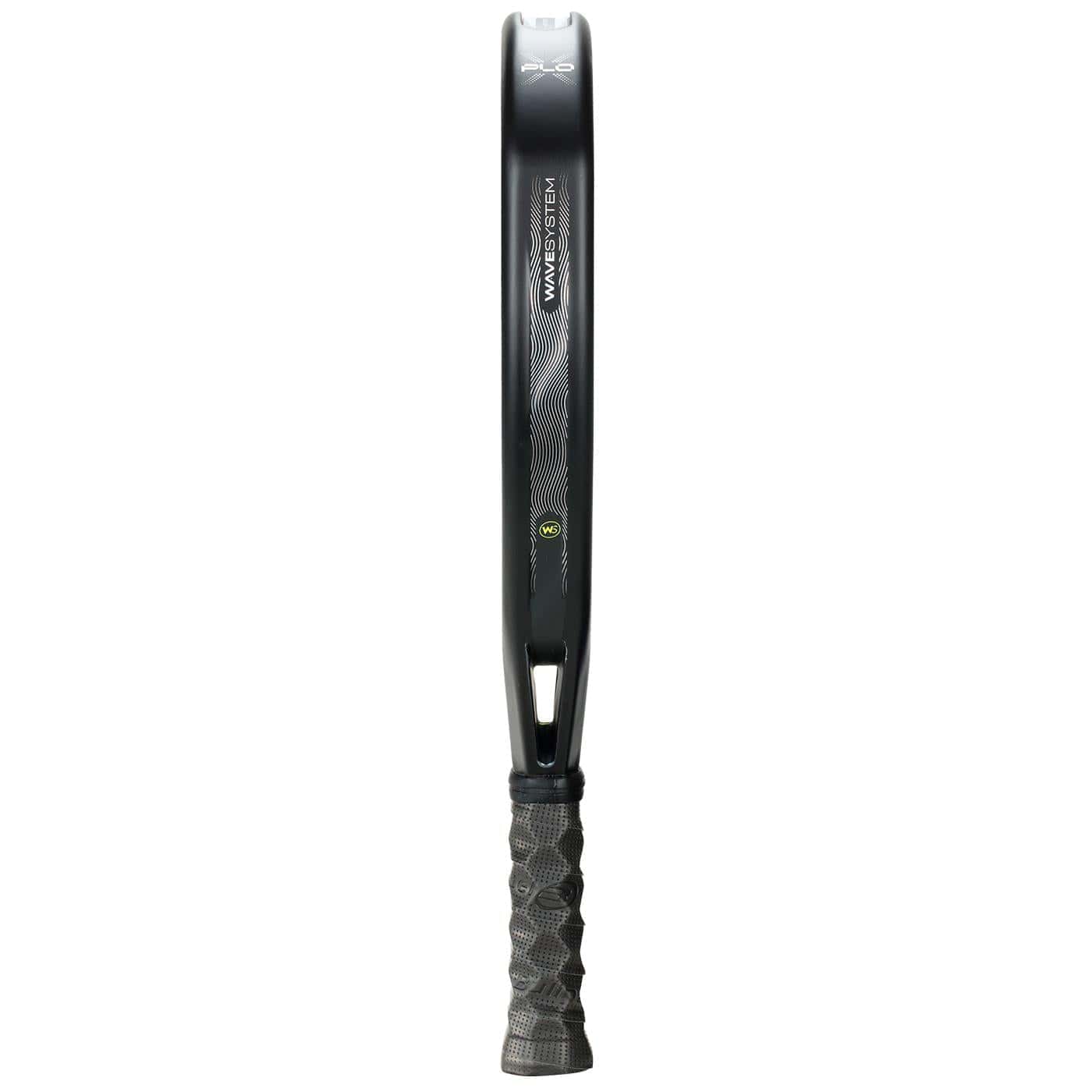 A black Bullpadel XPLO 2026 Padel Racket, shown vertically from the side, highlights the grip and frame edge, with subtle Bullpadel branding and textured detail visible on the handle and shaft.