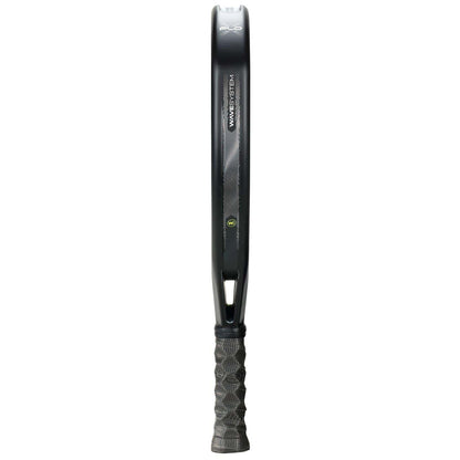 A black Bullpadel XPLO 2026 Padel Racket, shown vertically from the side, highlights the grip and frame edge, with subtle Bullpadel branding and textured detail visible on the handle and shaft.