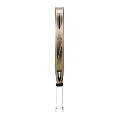 The Bullpadel Vertex 04 W 2025 padel racket, in beige and black with a white handle and concealed strings, is displayed from the side. Perfect for advanced players, this Bullpadel racket appears against a plain white background.