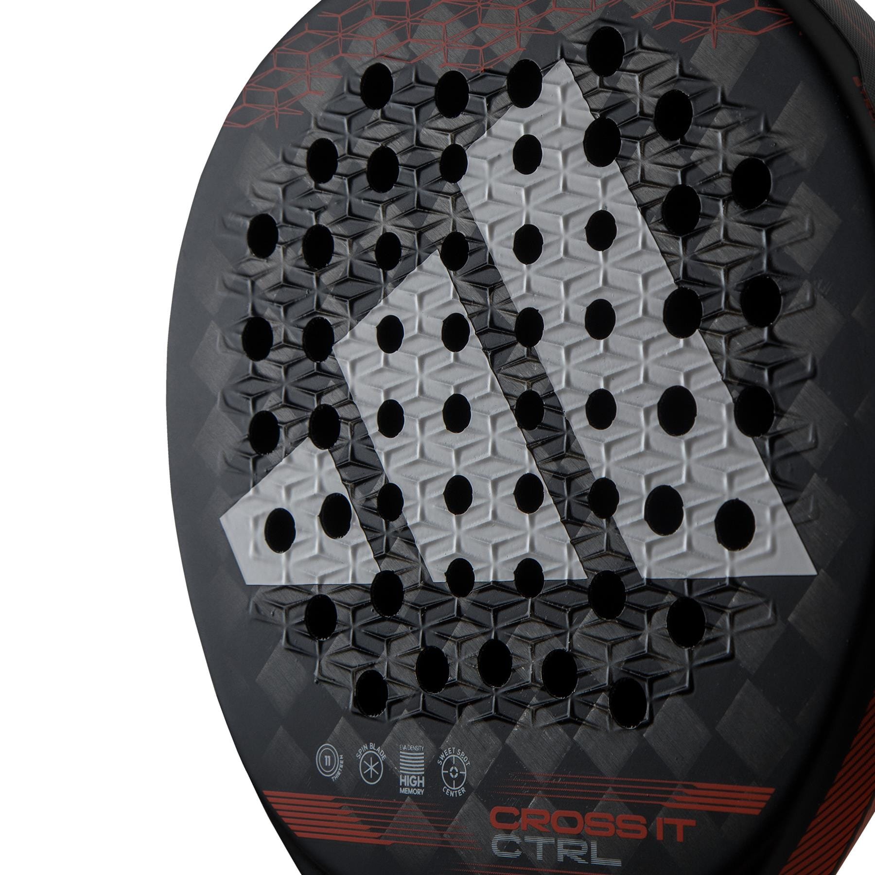 Close-up of the adidas Cross It CTRL Padel Racket, featuring a geometric pattern, ventilation holes, "CROSS IT CTRL" at the base, and a bold white and gray triangular adidas logo.
