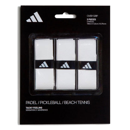 The adidas Padel Overgrips (3 Pack) - White includes three white, tacky grips with triangular logos. Each grip (100cm x 2.5cm x 0.75mm) features micro-perforations for comfort and suits padel, pickleball, and beach tennis.