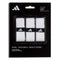 The adidas Padel Overgrips (3 Pack) - White includes three white, tacky grips with triangular logos. Each grip (100cm x 2.5cm x 0.75mm) features micro-perforations for comfort and suits padel, pickleball, and beach tennis.