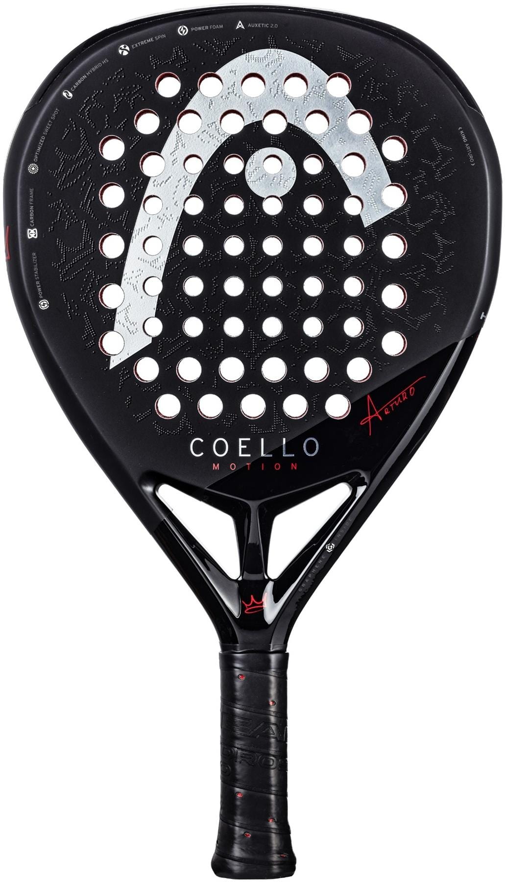 The HEAD Coello Motion 2025 Padel Racket by HEAD features a black, perforated face with Extreme Spin technology, a silver logo, "COELLO MOTION" text, and a handle wrapped in durable black grip tape.
