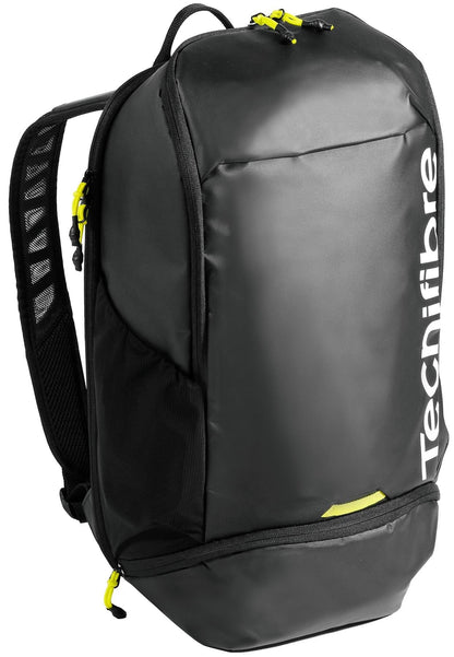 The Tecnifibre Reform Padel Backpack - Black features EVA material, a top handle, padded shoulder straps, side mesh pocket, and the white Tecnifibre logo. Yellow zippers and accents add to its stylish design.