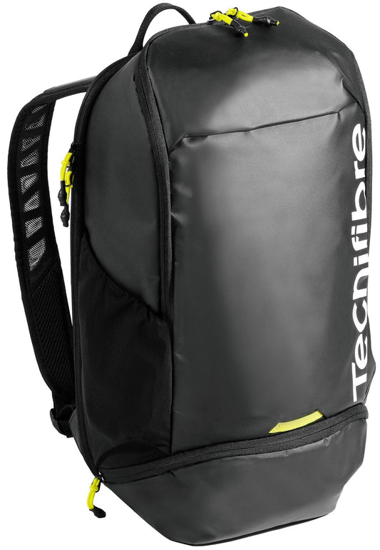 The Tecnifibre Reform Padel Backpack - Black features EVA material, a top handle, padded shoulder straps, side mesh pocket, and the white Tecnifibre logo. Yellow zippers and accents add to its stylish design.