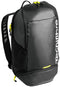 The Tecnifibre Reform Padel Backpack - Black features EVA material, a top handle, padded shoulder straps, side mesh pocket, and the white Tecnifibre logo. Yellow zippers and accents add to its stylish design.