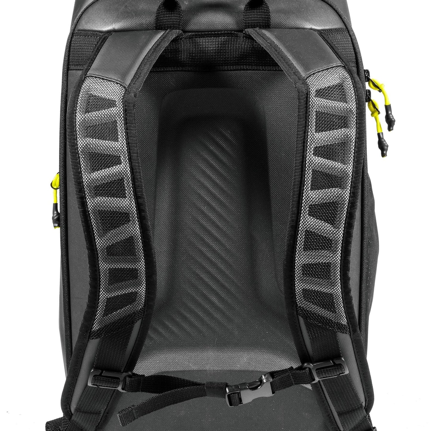 Close-up of the back and shoulder straps on the Tecnifibre Reform Padel Backpack - Black, showing mesh padding, a sternum strap, yellow zipper pulls, and durable EVA material for added comfort.