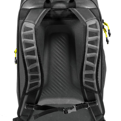 Close-up of the back and shoulder straps on the Tecnifibre Reform Padel Backpack - Black, showing mesh padding, a sternum strap, yellow zipper pulls, and durable EVA material for added comfort.