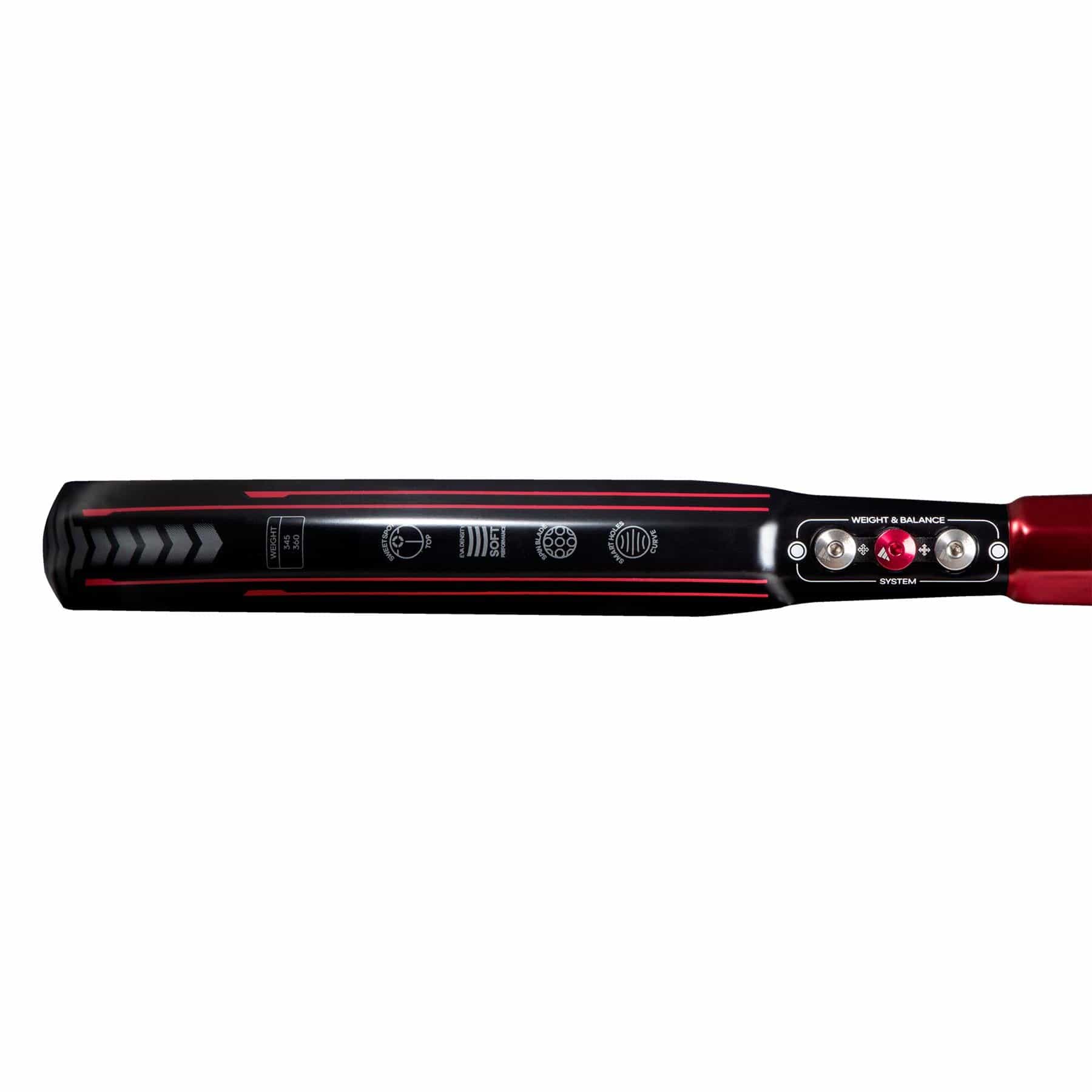 Close-up of the adidas ADIDAS Metalbone 3.3 Padel Racket handle, showing adjustment knobs labeled "Weight & Balance System" and white symbols along the side.