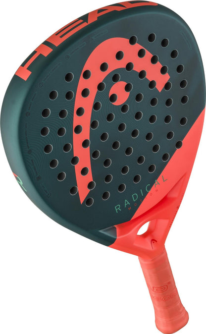 The HEAD Radical Motion 2026 Padel Racket features a black and red design with circular holes, a large HEAD logo, and a red grip—an advanced, lightweight racket crafted for precision and speed.