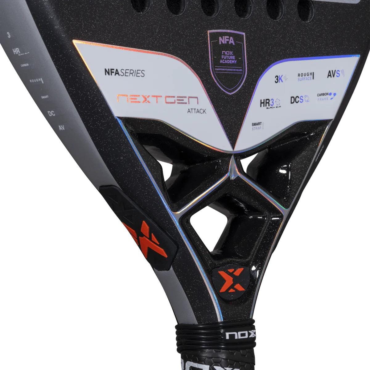 Close-up of the NOX NFA Nextgen Pro Attack 3K Padel Racket, featuring geometric cutouts, technical specs on the face, and clear “NOX” branding with the “Nextgen Pro Attack 3K” label.