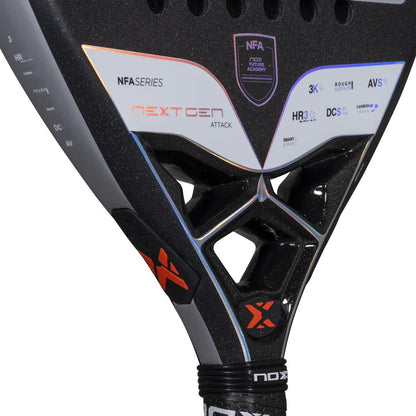 Close-up of the NOX NFA Nextgen Pro Attack 3K Padel Racket, featuring geometric cutouts, technical specs on the face, and clear “NOX” branding with the “Nextgen Pro Attack 3K” label.