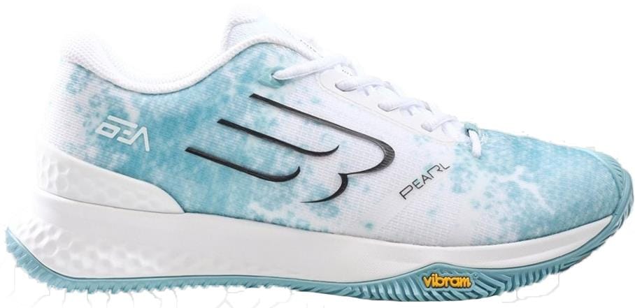 The Bullpadel Pearl Vibram 26V Women's Padel Shoes in sky blue feature a white and blue design, black accents, "PEARL" on the side, and a textured Vibram outsole with a yellow logo—ideal padel footwear for all levels.