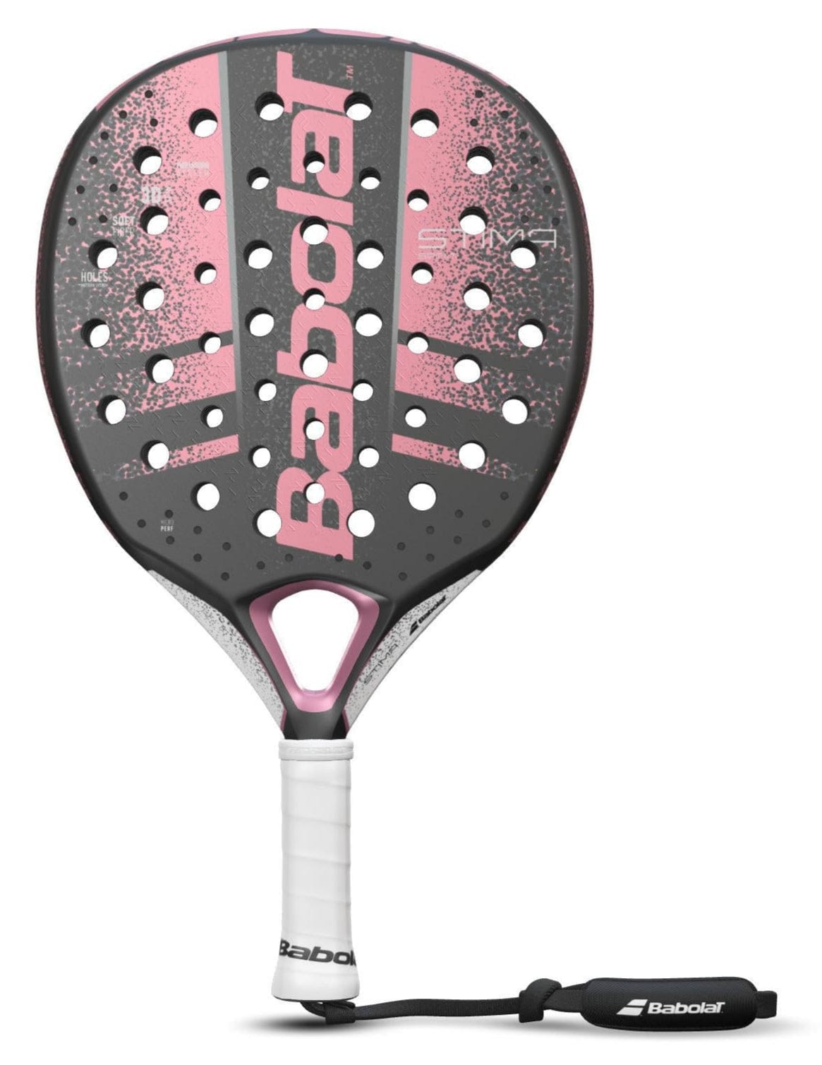 The Babolat Stima Spirit Padel Racket features a black and pink design with multiple face holes, white grip handle, and wrist strap, shown against a white background.