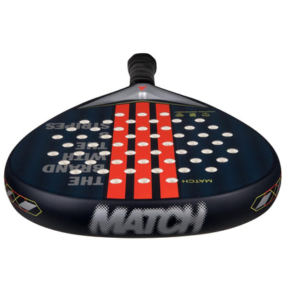 A close-up of the adidas ADIDAS Match Blue 3.4 Padel Racket shows its hybrid AllRound head shape and Smart Holes Lineal, with "THE BEYOND WIN THE STARS" and "MATCH" on the front. The handle appears at the top of the image.