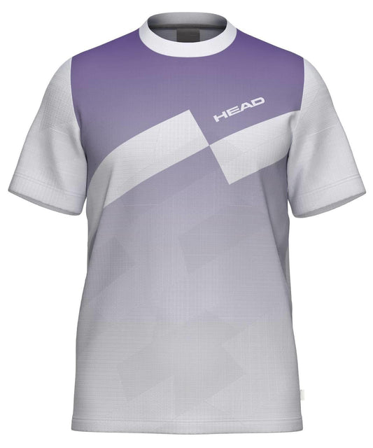 The HEAD Pro Men's Padel T-Shirt - PUXP is a short-sleeve performance shirt with a gradient purple and white geometric design, "HEAD" text on the upper right chest, and breathable fabric—ideal for sportswear.