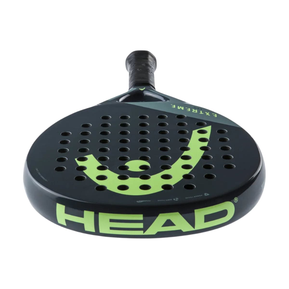 The HEAD Evo Extreme 2023 Padel Racket features a perforated black and green face with bold green "HEAD" branding, Innegra technology for strength, and a handle wrapped in black grip tape.