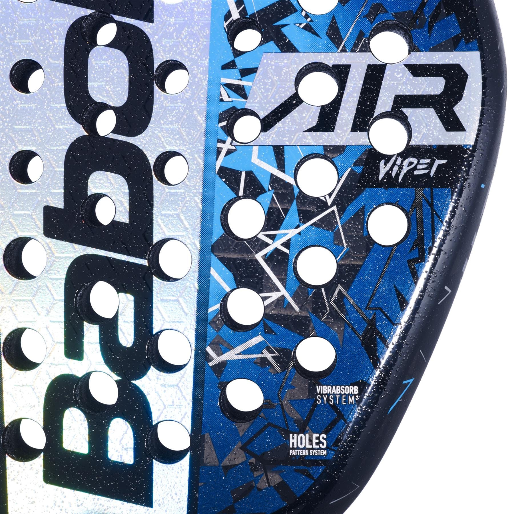 Close-up of the Babolat Air Viper 2.5 Padel Racket in blue and black with geometric patterns, circular holes, and “VIPER,” “VIBRASORB SYSTEM,” and “HOLES PATTERN SYSTEM” on the surface. Ideal for Air Strikers.