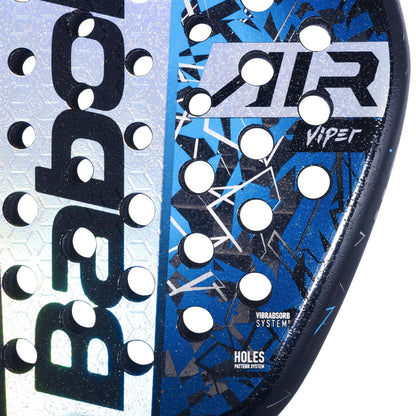 Close-up of the Babolat Air Viper 2.5 Padel Racket in blue and black with geometric patterns, circular holes, and “VIPER,” “VIBRASORB SYSTEM,” and “HOLES PATTERN SYSTEM” on the surface. Ideal for Air Strikers.
