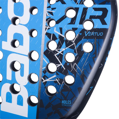 Close-up of the Babolat Air Vertuo 2.5 padel racket, a lightweight blue and black racket with white circular holes, geometric patterns, and "Babolat" plus "Air Vertuo 2.5" displayed on its surface.