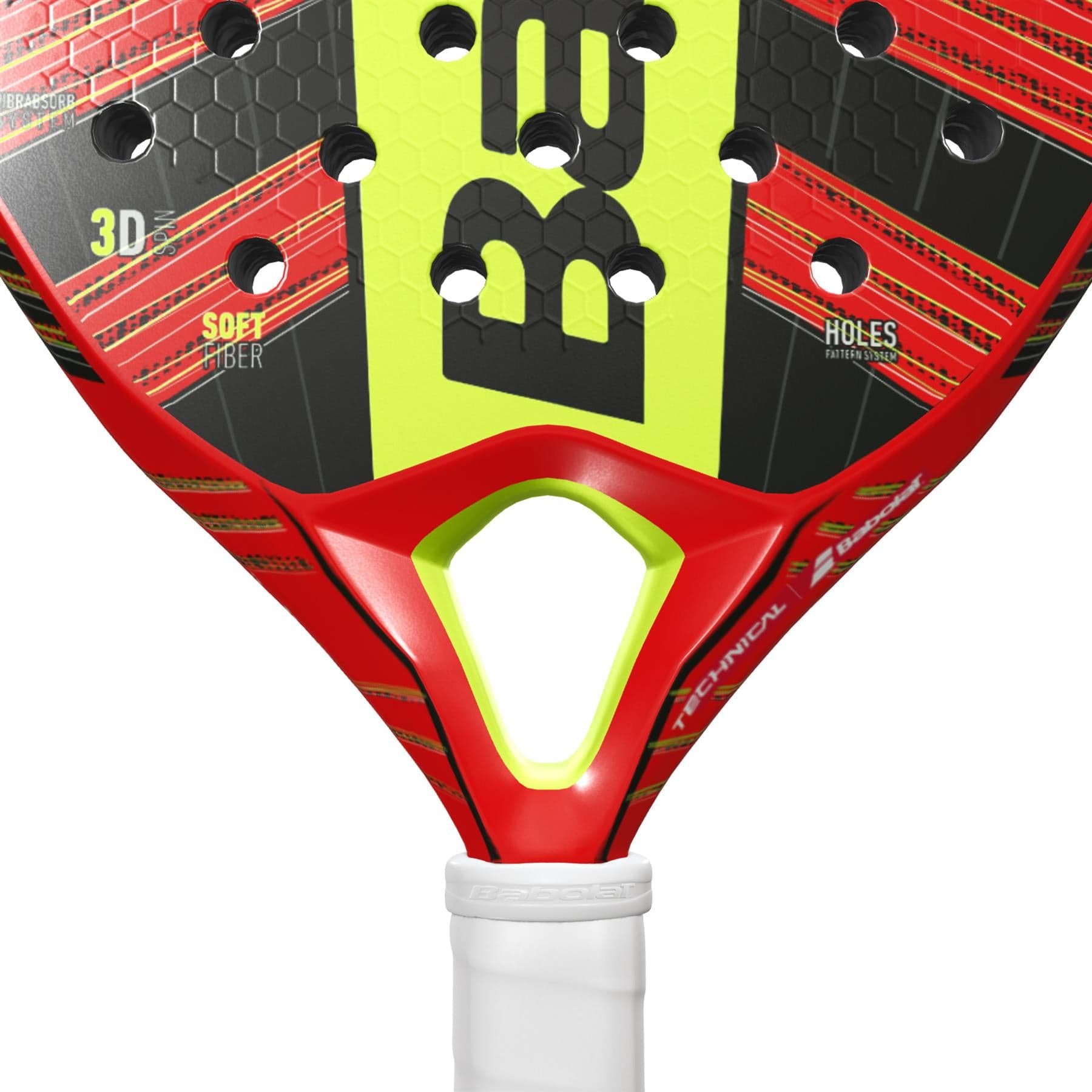 Close-up of the Babolat Technical Vertuo Padel Racket head, showcasing its black, red, and yellow design with circular holes. The handle features white grip tape and prominent Babolat branding, highlighting power and precision.