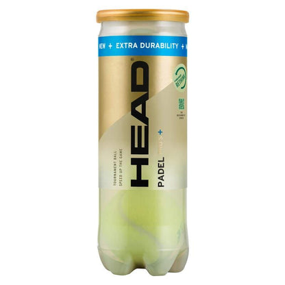 The HEAD Padel Pro S+ Tube contains green padel balls topped with a gold cap and features eco-friendly packaging with an "Extra Durability" label and a sustainability symbol, making them perfect for any tournament ball collection.