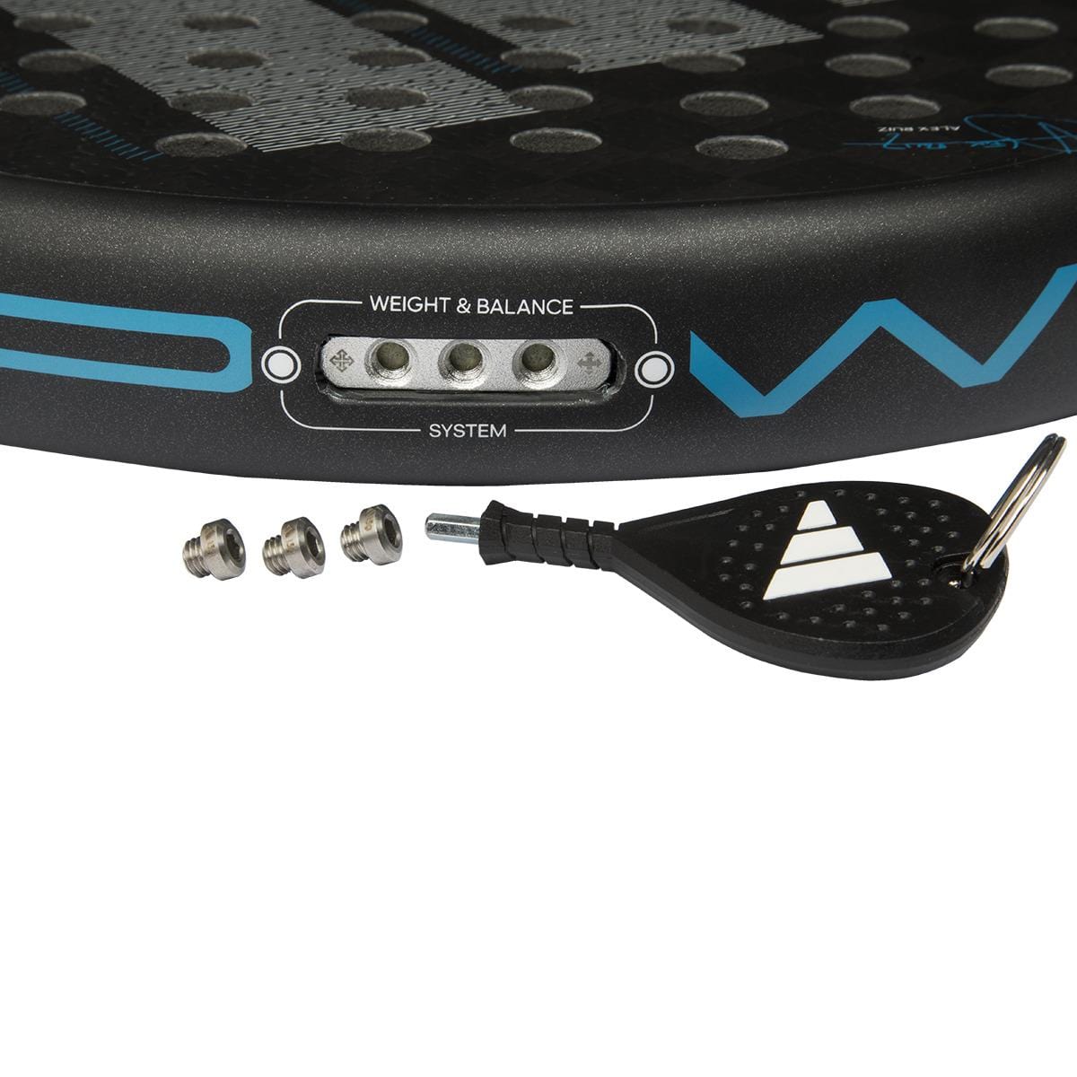 Close-up of the adidas ADIDAS Adipower Multiweight CTRL 3.4 Padel Racket with its adjustable weight and balance system, featuring three removable weights and a black adjustment tool with a keyring and white triangular logo.