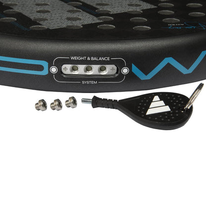 Close-up of the adidas ADIDAS Adipower Multiweight CTRL 3.4 Padel Racket with its adjustable weight and balance system, featuring three removable weights and a black adjustment tool with a keyring and white triangular logo.