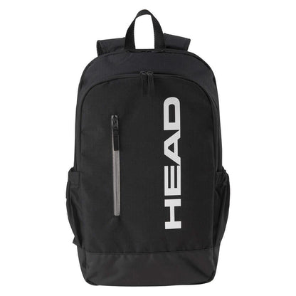 The HEAD BASE Padel Backpack 17L - Black features a top handle, front zipper pocket, side pockets, and a racket compartment. "HEAD" is printed vertically in white on the front, highlighting its new design.