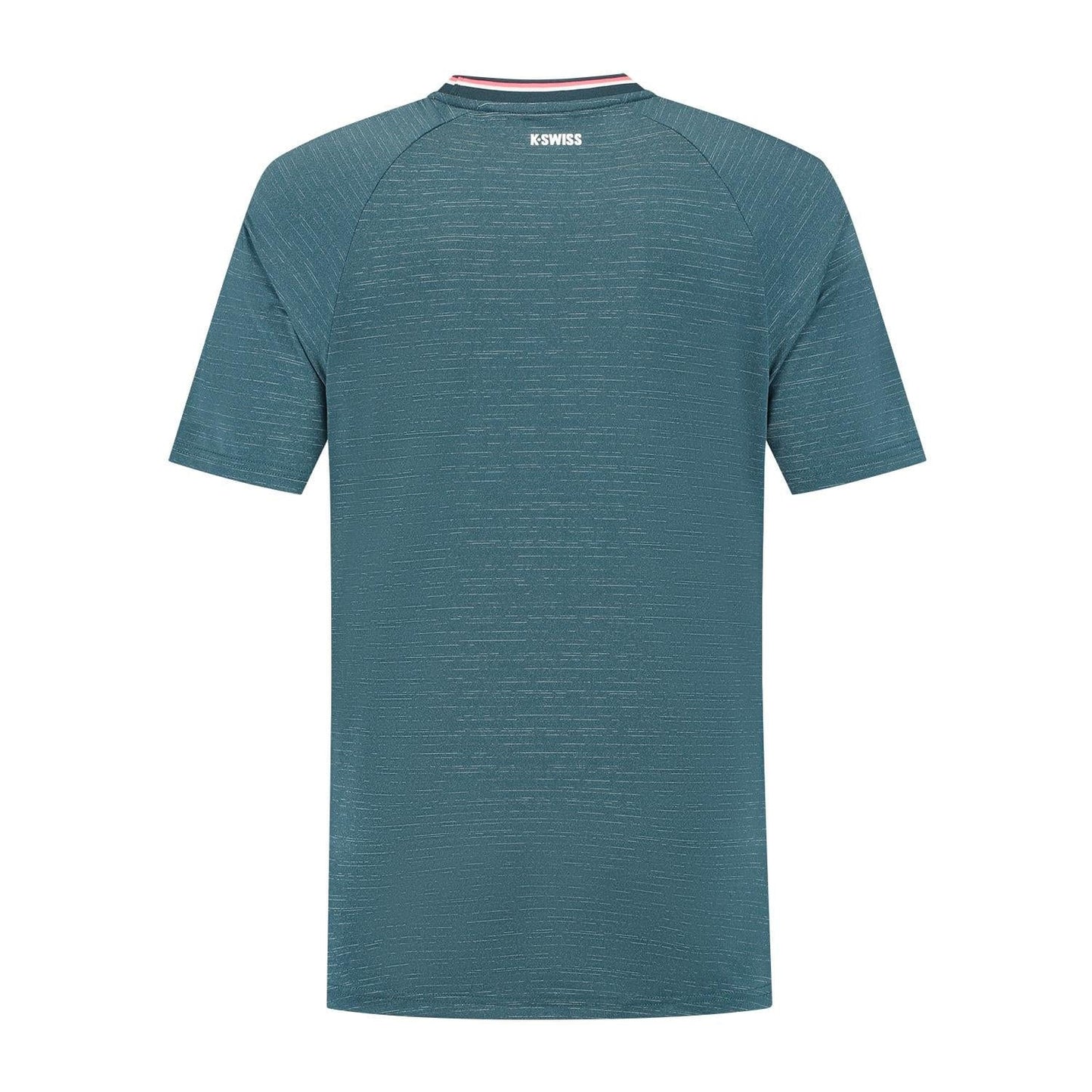 The K-Swiss Hypercourt Men's Melange 3 Padel T-Shirt in Stargazer features a subtle texture with short sleeves, designed for performance players, and has a small "K-SWISS" logo on the back of the neck.