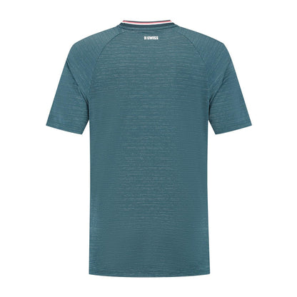 The K-Swiss Hypercourt Men's Melange 3 Padel T-Shirt in Stargazer features a subtle texture with short sleeves, designed for performance players, and has a small "K-SWISS" logo on the back of the neck.