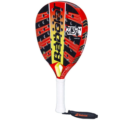 The Babolat Technical Vertuo Padel Racket features a red, black, and yellow design with a white handle and black wrist strap, delivering power and precision on the court.