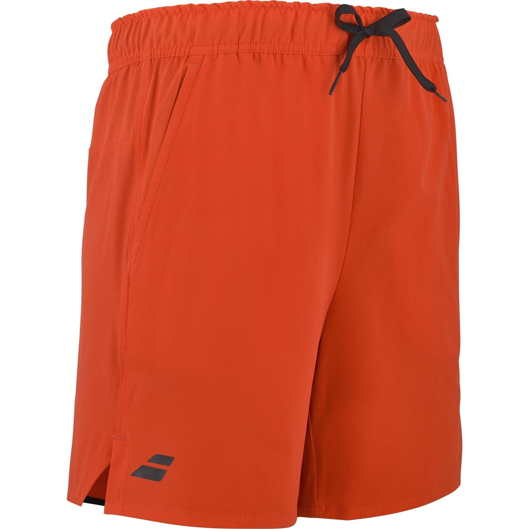 The Babolat Play Men's Padel Shorts in Cherry Tomato feature a black drawstring waistband, side pockets, a small black logo near the left hem, notched side seams, and are made from recycled polyester sports fabric.