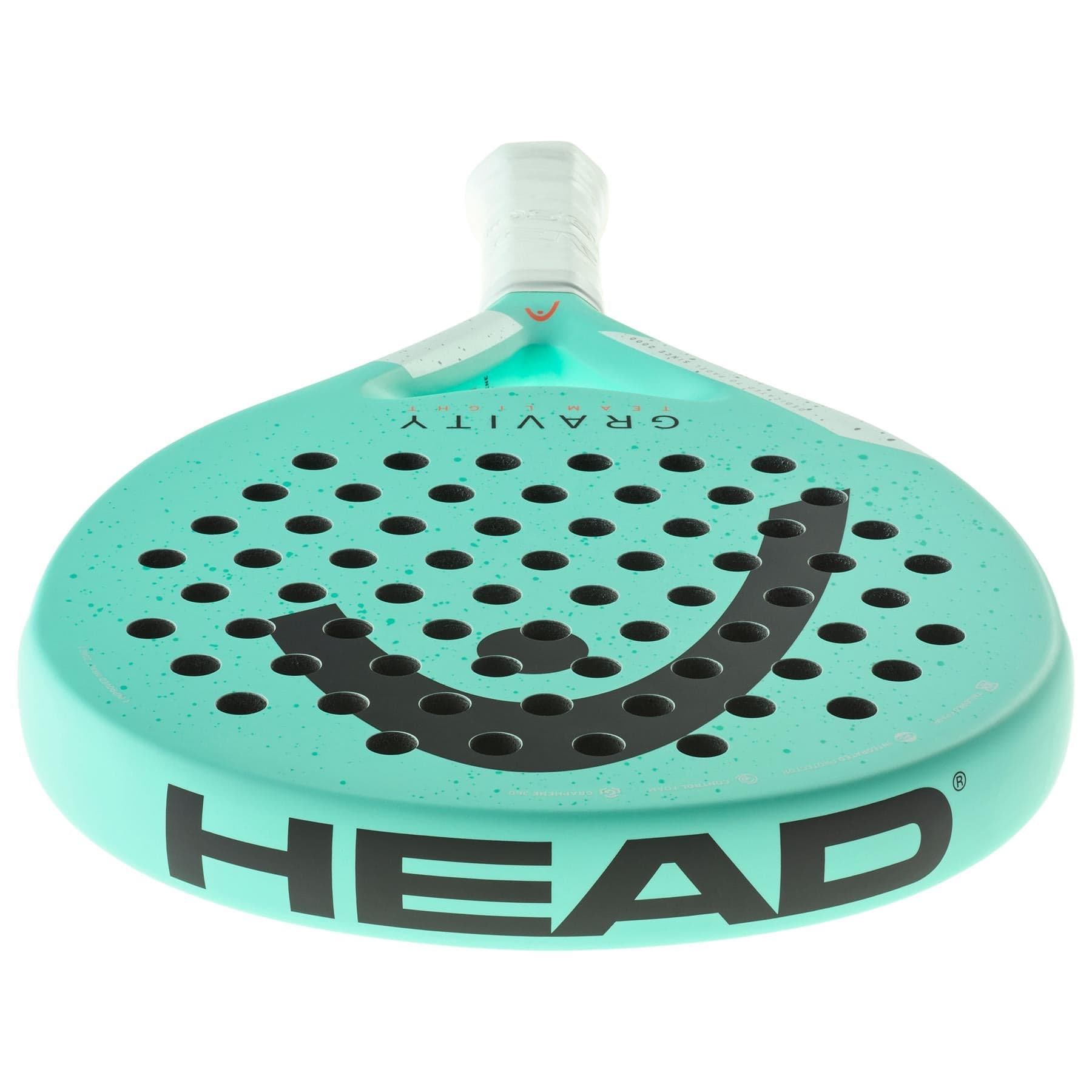 The HEAD Gravity Team Light 2024 Padel Racket, in turquoise with black branding and a round, perforated surface, is shown handle-up—perfect for intermediate players seeking one of the lightest options from HEAD.